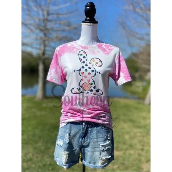 Polka Dot Easter Bunny Bleached Sublimation Boyfriend Basic Tee Shirt Pink - Picture 1 of 2